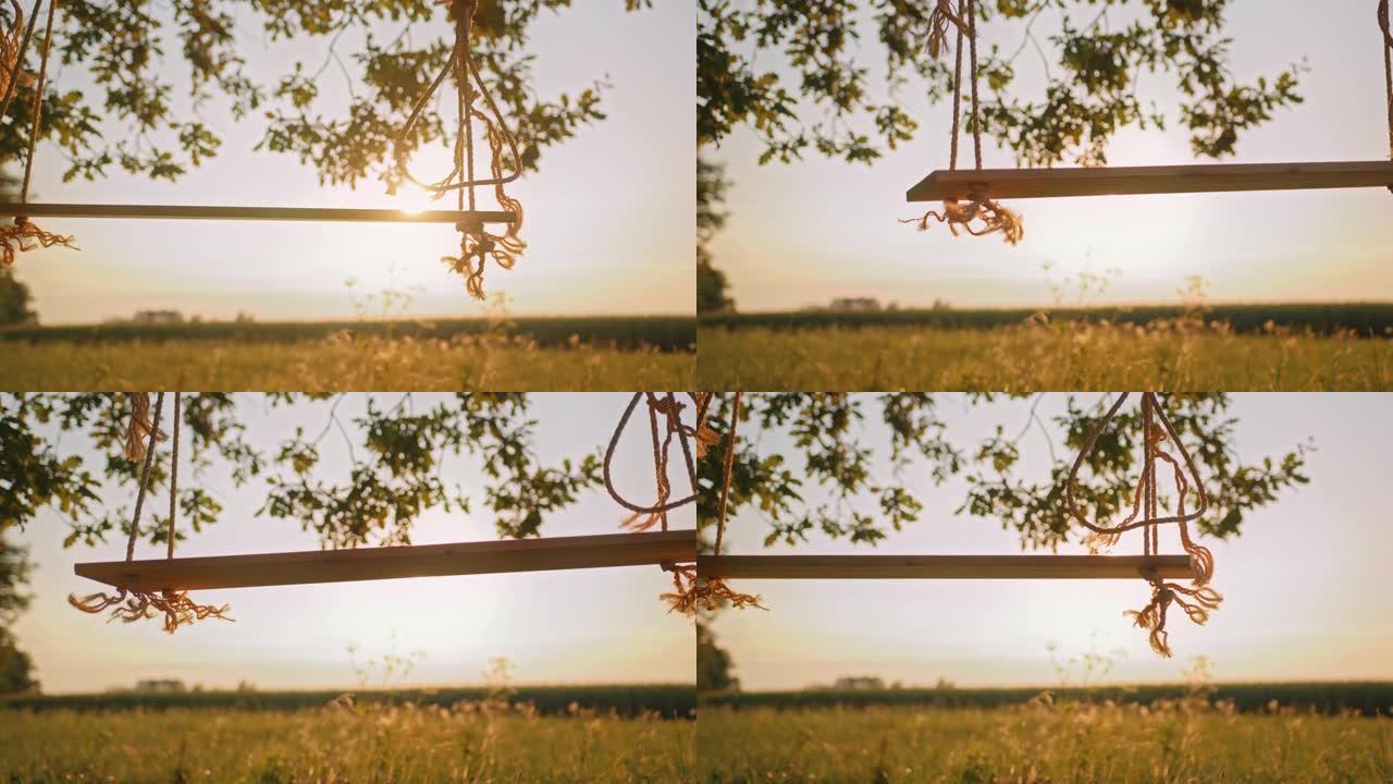 慢动作，在阳光明媚的草地上悬挂在大树枝上的空绳索秋千的特写镜头