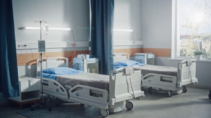 医院重症监护冠状病毒病房空床。现代化的诊所拥有先进的设备，最好的医疗健康治疗中心，阳光明媚的窗户。静