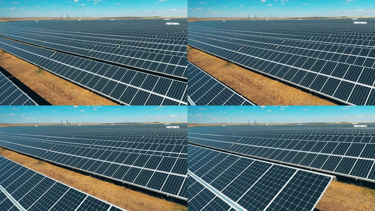 有大量太阳能电池板的太阳能发电场。现代太阳能电池板，生态友好型能源生产。