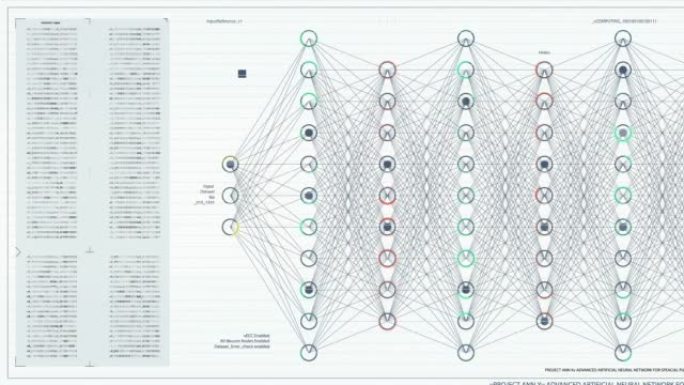 在计算机上工作的白色背景上的神经网络监控软件的可视化。各种集群的连接加载，交换数据。计算机显示器的模