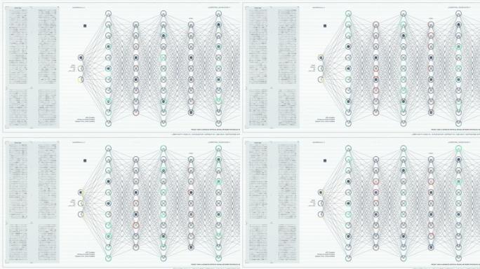 在计算机上工作的白色背景上的神经网络监控软件的可视化。各种集群的连接加载，交换数据。计算机显示器的模
