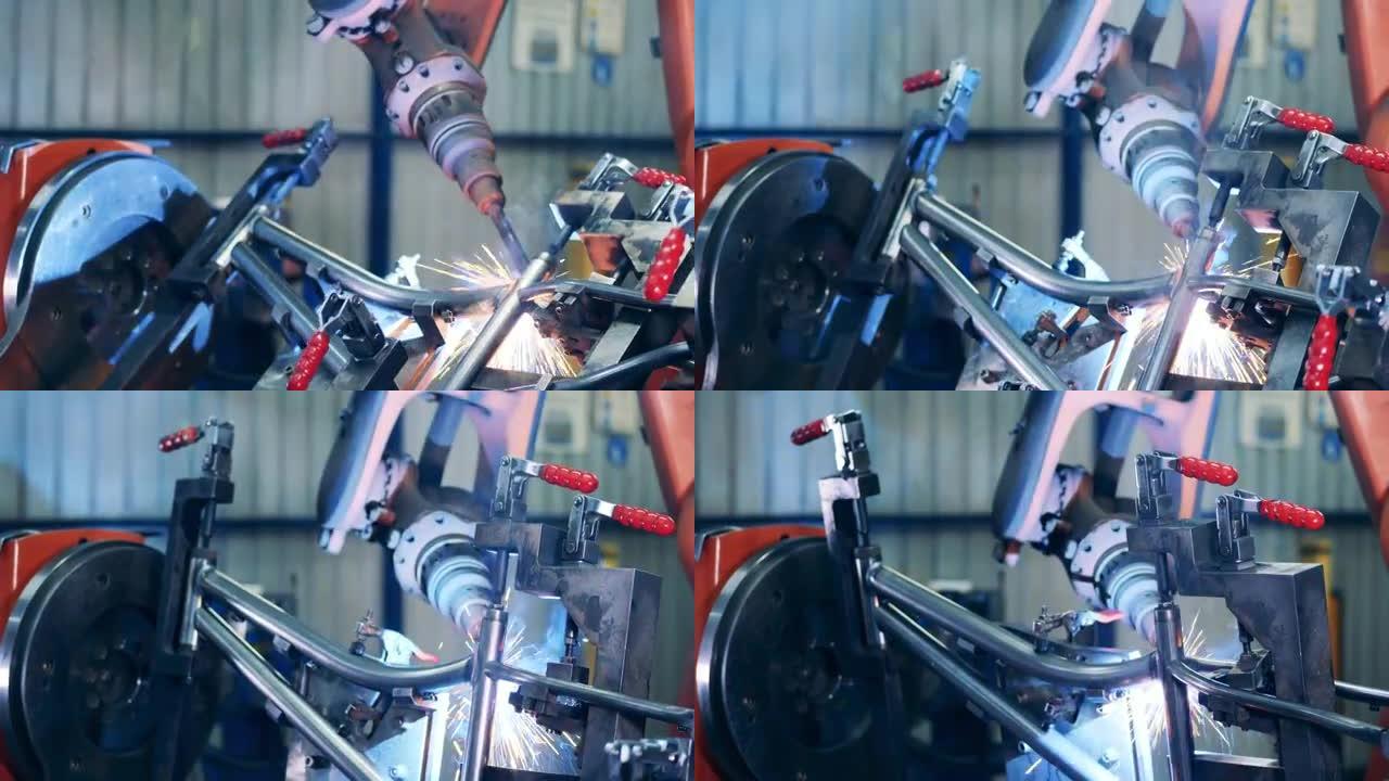 机械臂在工厂焊接自行车车架