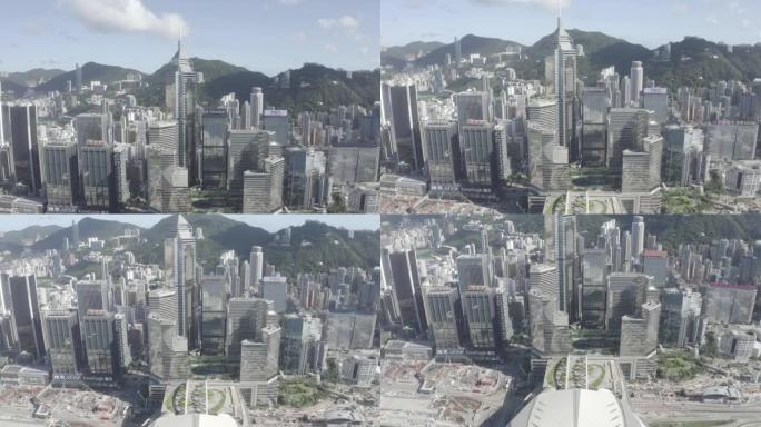 香港中环的鸟瞰图。跟踪航拍办公大楼和摩天大楼