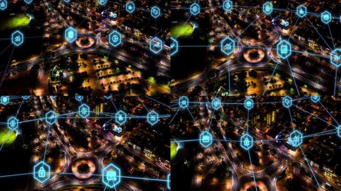 空中夜间交通、网络和云计算、大数据和电信分析。技术抽象、数字网格和黑暗5g未来智能城市景观、快速汽车