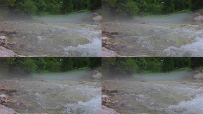 WS蒸汽雾笼罩在湍急的山河上