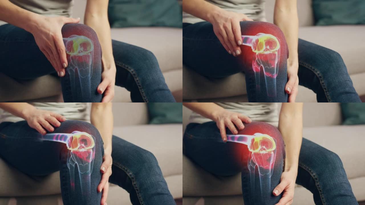 VFX关节和膝盖疼痛增强现实动画。因腿部创伤或关节炎而感到不适的人的特写。按摩肌肉以减轻伤害。