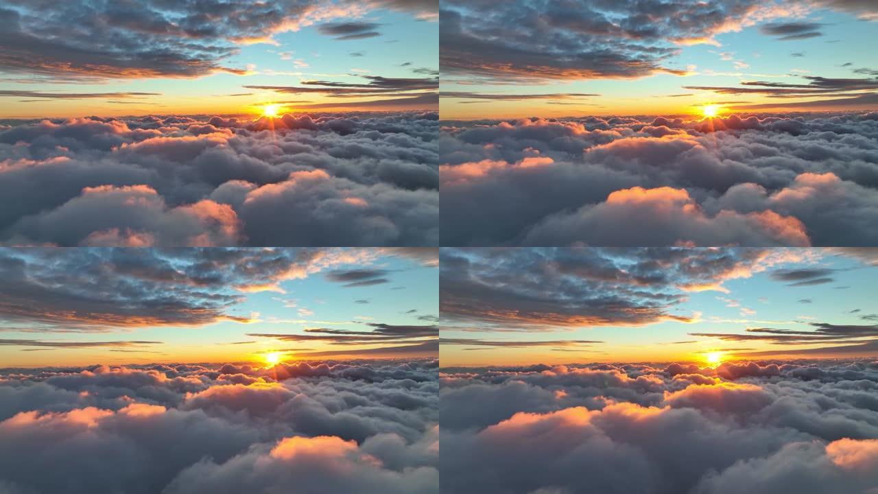乌云密布的史诗般的日落。温暖的太阳在云层中落下。日落时在天空中飞行，从飞机的窗户可以看到。UHD, 