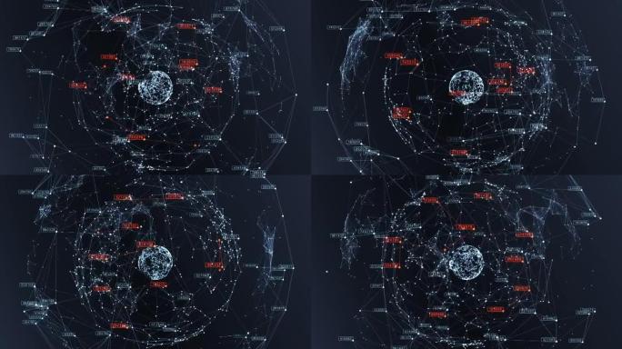数字全息图在网络空间中旋转。全球网络结构抽象插图运动设计线和点移动球体3d动画。