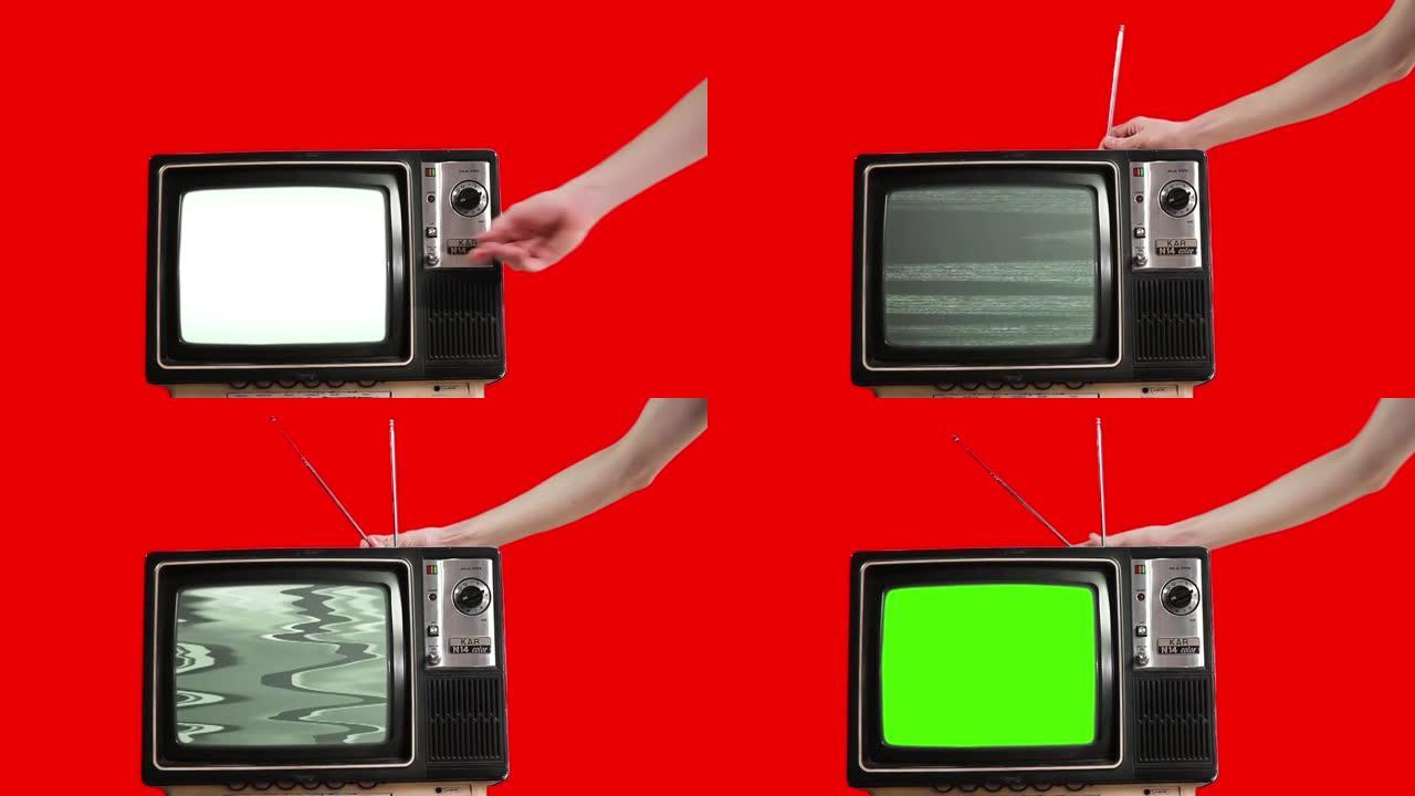 男性用手调谐旧电视的天线，红色背景上的绿色屏幕。