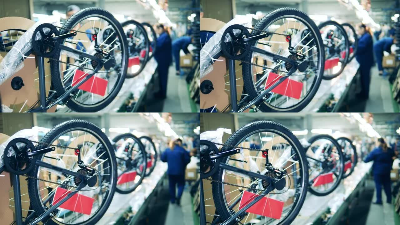 工厂自行车生产线的特写镜头