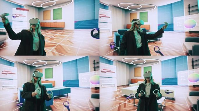 室内设计师展示了用于设计生活空间的现代VR软件。女工程师使用耳机和控制器在舞台上的大屏幕上展示功能。