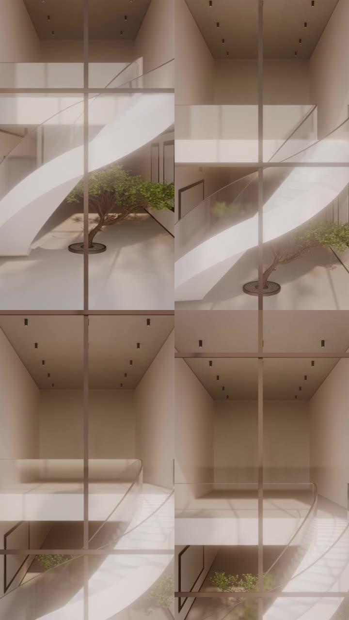 3D建模的现代东方设计，带有白色的墙壁，楼梯和一棵树，我们通过一楼前景中的全景窗户看到了它