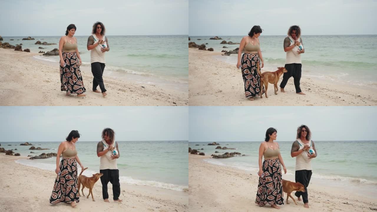 朋友在海滩上与狗一起散步