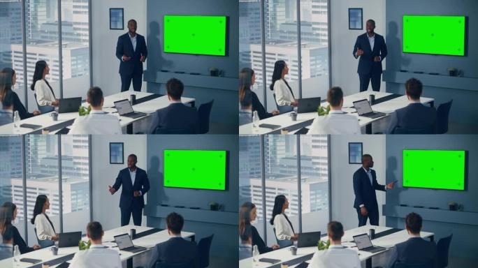 多元化办公室会议室会议: 成功的黑人男性项目经理使用绿屏色键墙电视向一群投资者展示产品。电子商务战略