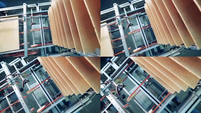 华夫饼干层正在由工厂机器运输