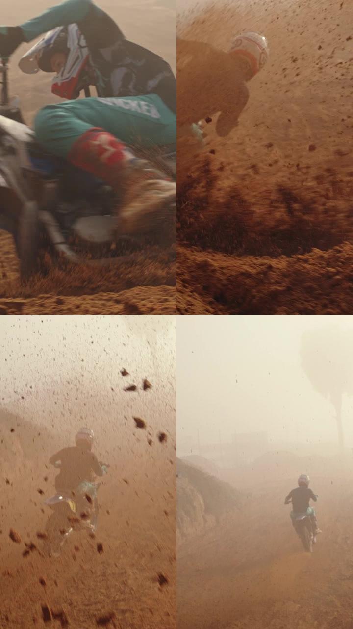 摩托车，人与泥沙道上的泥土，动力，灰尘路径和速度运动拉力赛。驾驶员，摩托车和越野摩托车在冒险过程中的