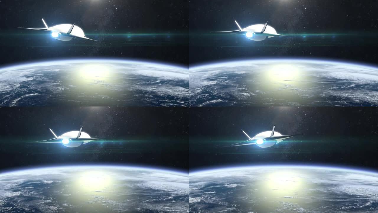 带有核导弹的太空无人机慢慢飞走了。从太空看地球。4K. 3D动画。