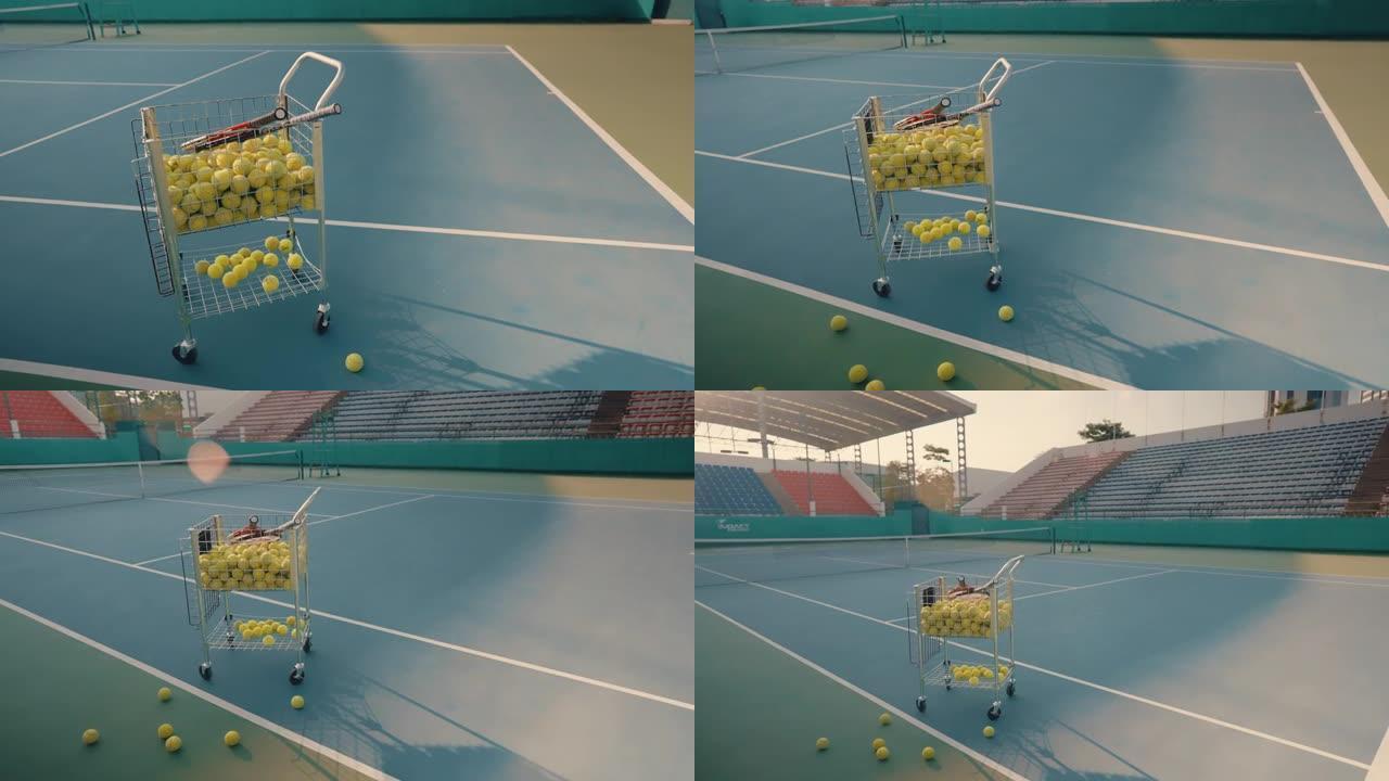 混凝土球场上的网球设备。
