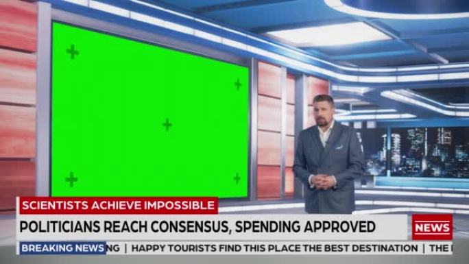 新闻编辑室电视工作室直播新闻节目: 高加索男性主持人报道新闻，使用绿色大屏幕色度键屏幕。电视有线频道