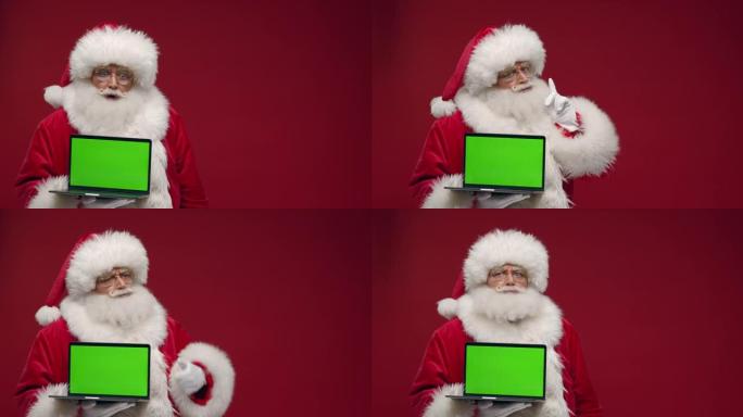 一位困惑的圣诞老人在红色背景下手持笔记本电脑，显示相机中的色度键
