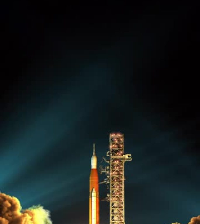 大型重型火箭夜间发射垂直视频。慢动作。