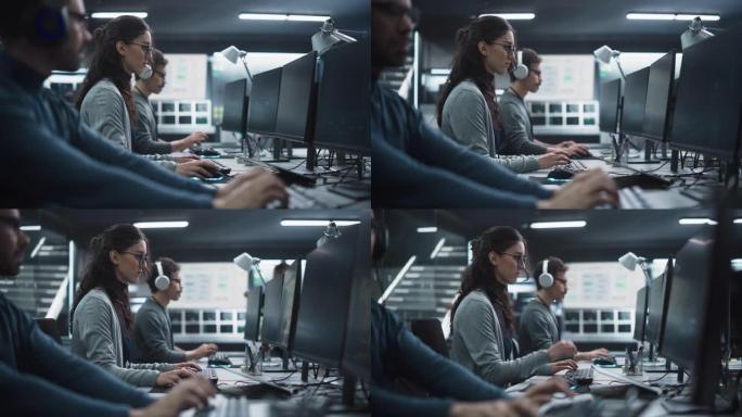 在技术办公环境中，一位体贴的女工程师在计算机上工作的肖像。研发部门为一个创新的互联网项目编写软件代码
