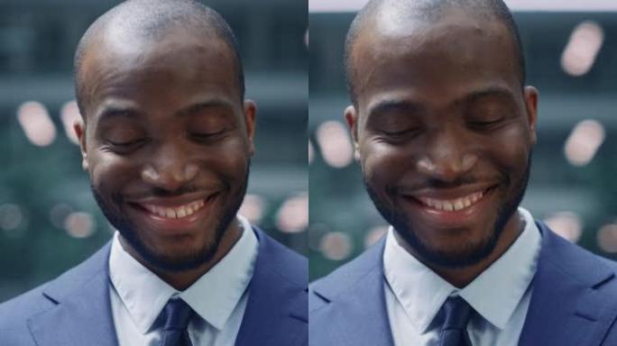 垂直屏幕: 成功的非洲裔美国商人在城市街头使用智能手机的肖像。微笑黑数字创业者用手机电商App做股市