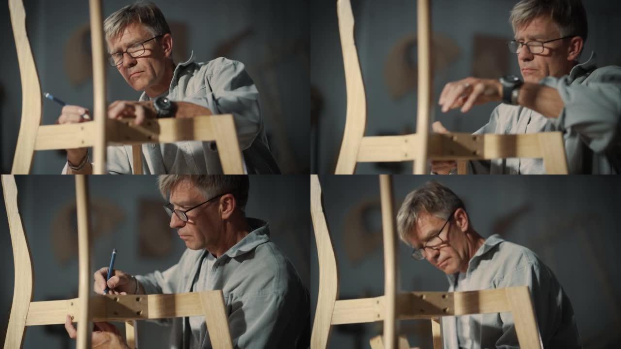 特写一位中年木匠组装木椅零件的肖像，用铅笔标记边缘。时尚的家具设计师在阁楼空间的工作室里工作，配有工