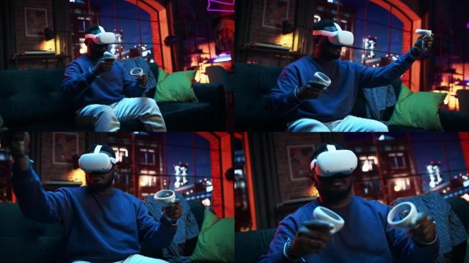 使用带有控制器的虚拟现实耳机拍摄的年轻时尚黑人的电影肖像。非裔美国男子晚上坐在家里的沙发上，玩VR电