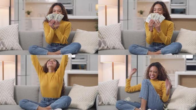 4k视频片段，一名年轻女子数钱并在家中庆祝