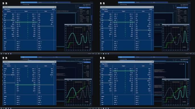 具有分析技术信息图表的先进监控系统。暗夜模式界面。控制室中用于计算机显示器和笔记本电脑屏幕的动画模型