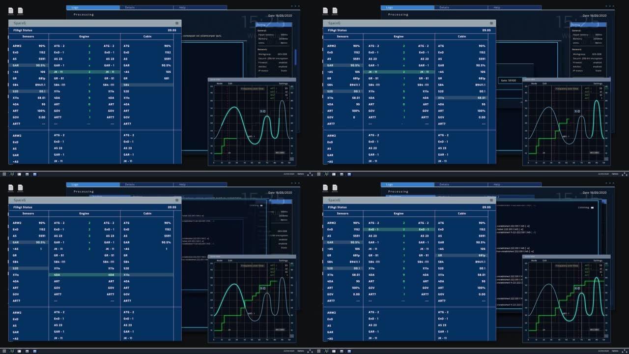 具有分析技术信息图表的先进监控系统。暗夜模式界面。控制室中用于计算机显示器和笔记本电脑屏幕的动画模型
