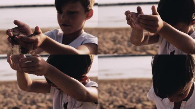 在阳光明媚的海滨度假慢动作中，可爱的高加索男孩孩子在沙滩上玩耍的背光肖像。