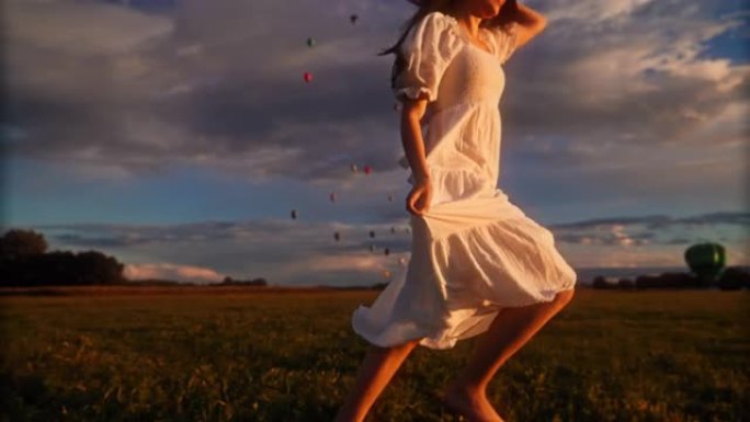 无忧无虑的女人在日出时带着热气球在乡村田野上奔跑