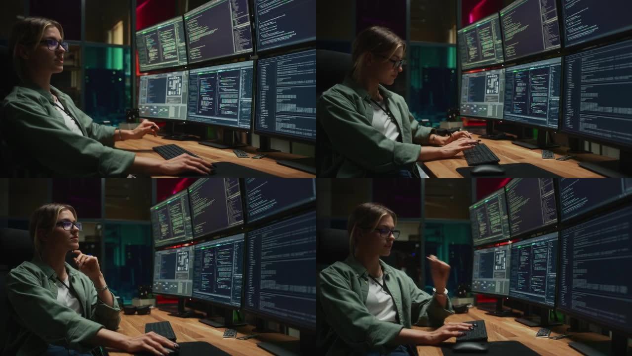 女性网络安全学生在台式机上编码，在黑暗的办公室中安装了六台显示器。白人妇女完成了大型IT公司的实习。