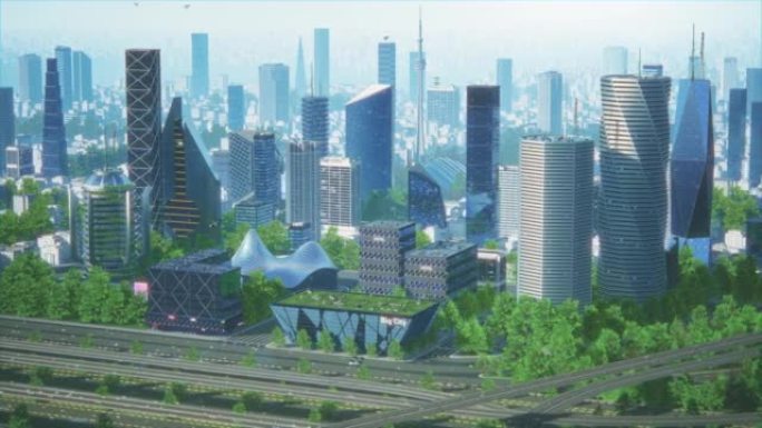 未来主义城市概念。一个充满活力的现代城市大都市的宽镜头，有创意的摩天大楼，有银行、办公室、酒店、自动