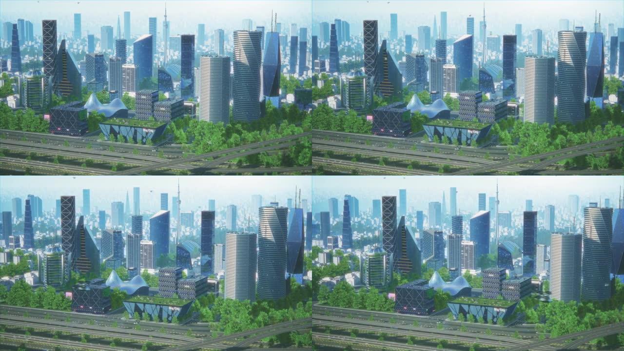 未来主义城市概念。一个充满活力的现代城市大都市的宽镜头，有创意的摩天大楼，有银行、办公室、酒店、自动