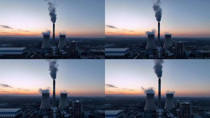 燃煤电站鸟瞰图烟囱污染废气排放石化油化工