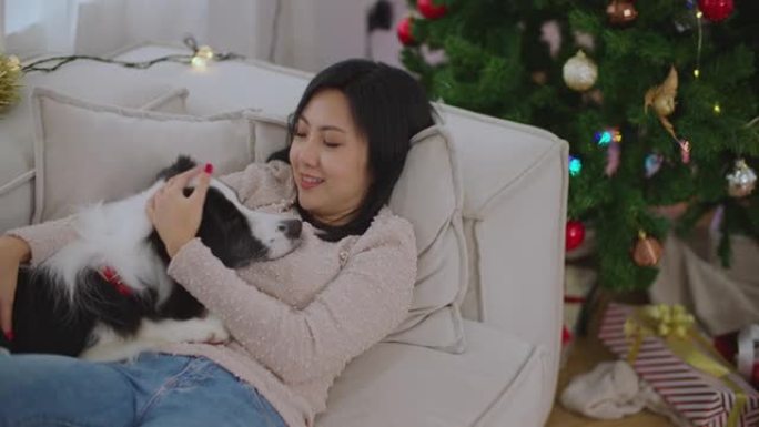 女人在家玩狗庆祝圣诞节和新年寒假