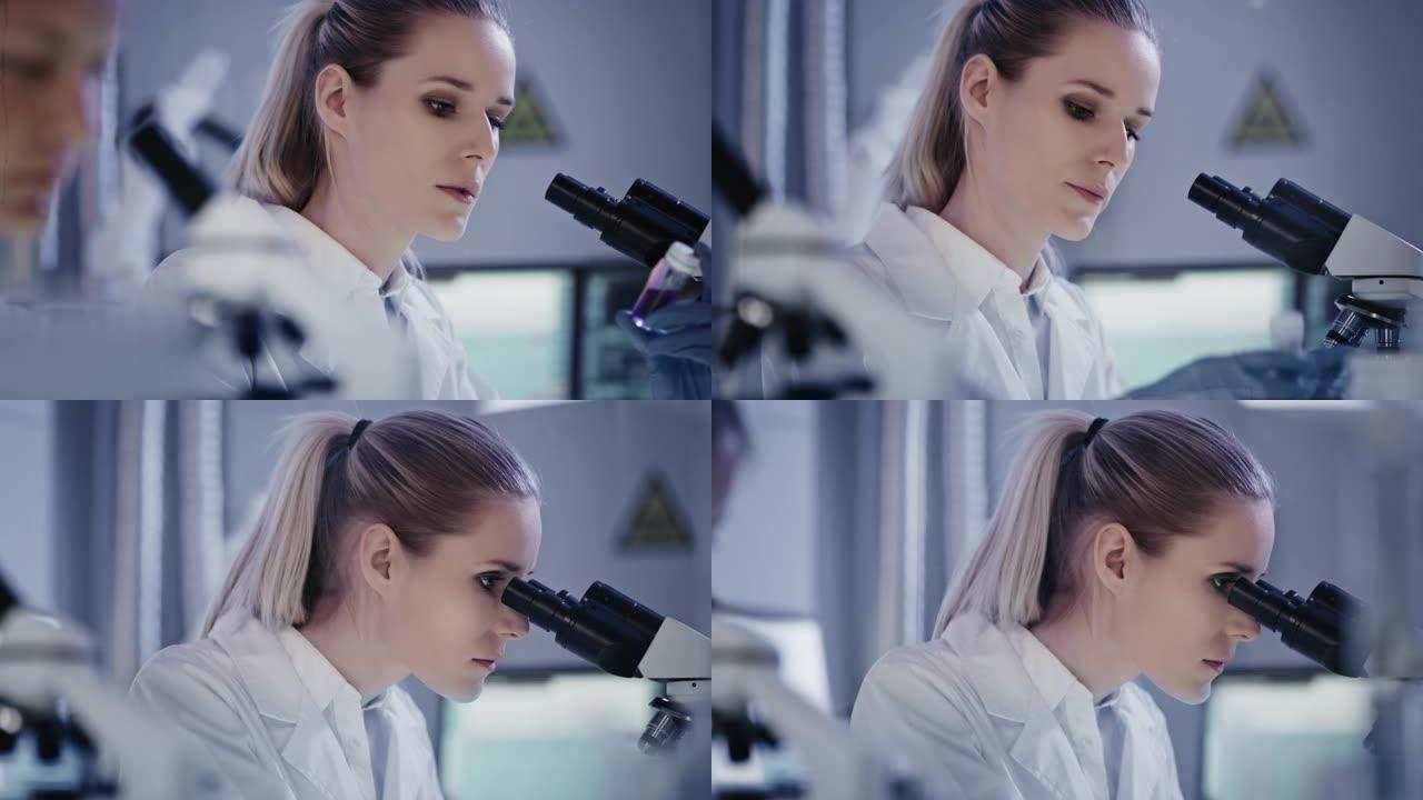研究期间有吸引力的女性微生物学家。在未来实验室中使用显微镜