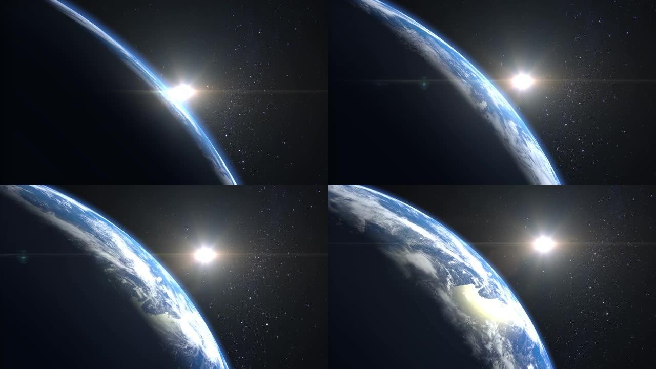 地球上空的日出。从太空看。地平线向右转动。地球向太阳旋转。摄像机移开了。现实的氛围。星空。4K. 3