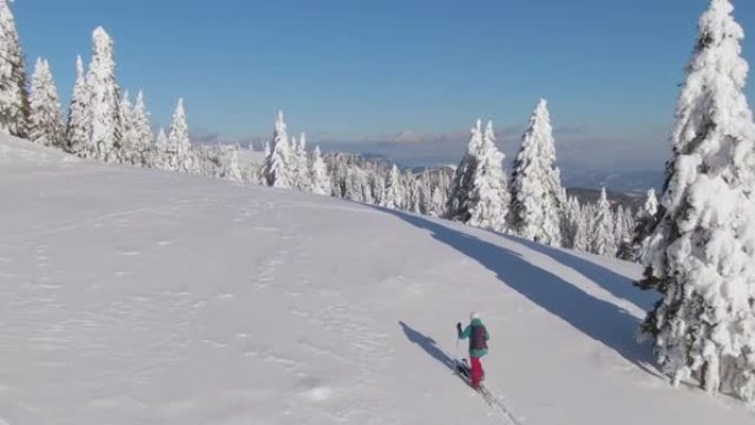 空中: 在斯洛文尼亚的一次滑雪旅行中，女游客在雪山上远足