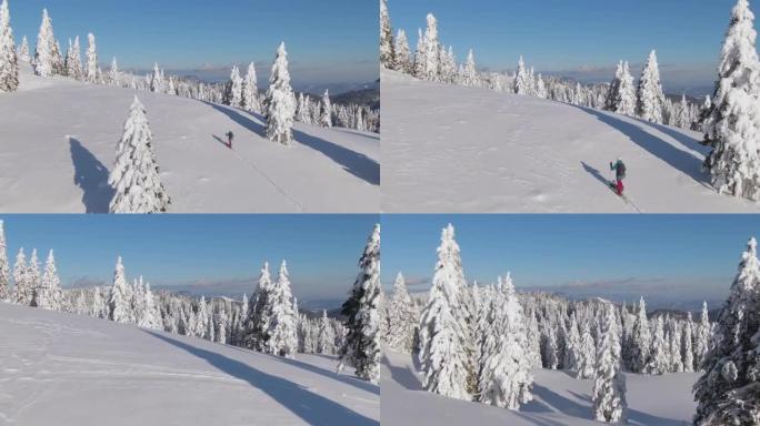 空中: 在斯洛文尼亚的一次滑雪旅行中，女游客在雪山上远足