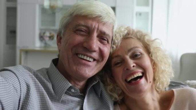 微笑幸福的一对恋爱中的老夫妇的网络摄像头视图