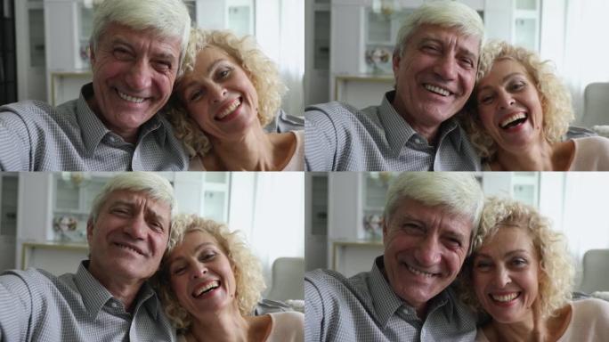 微笑幸福的一对恋爱中的老夫妇的网络摄像头视图