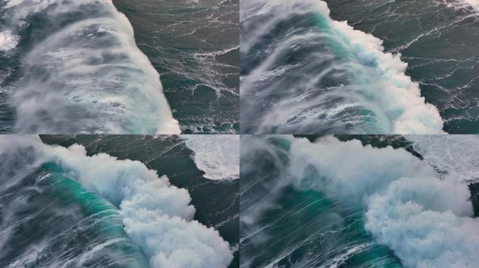 巨大的海浪在大西洋的开阔水域撞击。高质量的空中慢动作拍摄海洋或海洋冲浪白色泡沫