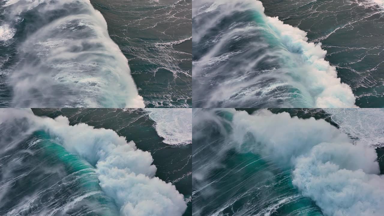 巨大的海浪在大西洋的开阔水域撞击。高质量的空中慢动作拍摄海洋或海洋冲浪白色泡沫