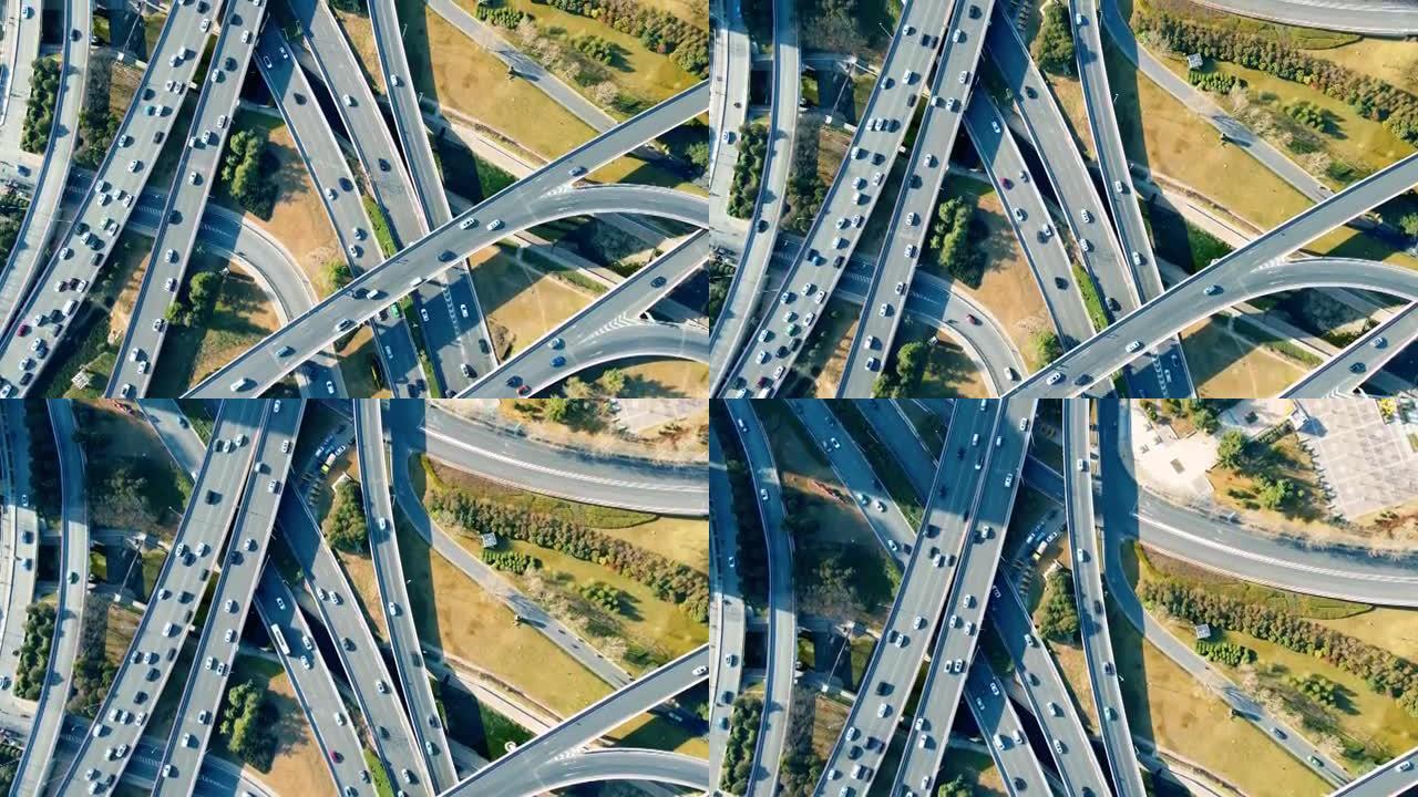 在城市立交桥上行驶的汽车鸟瞰图