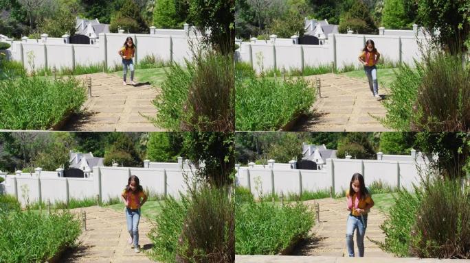 白人女孩戴着口罩，背包站在家里的花园里