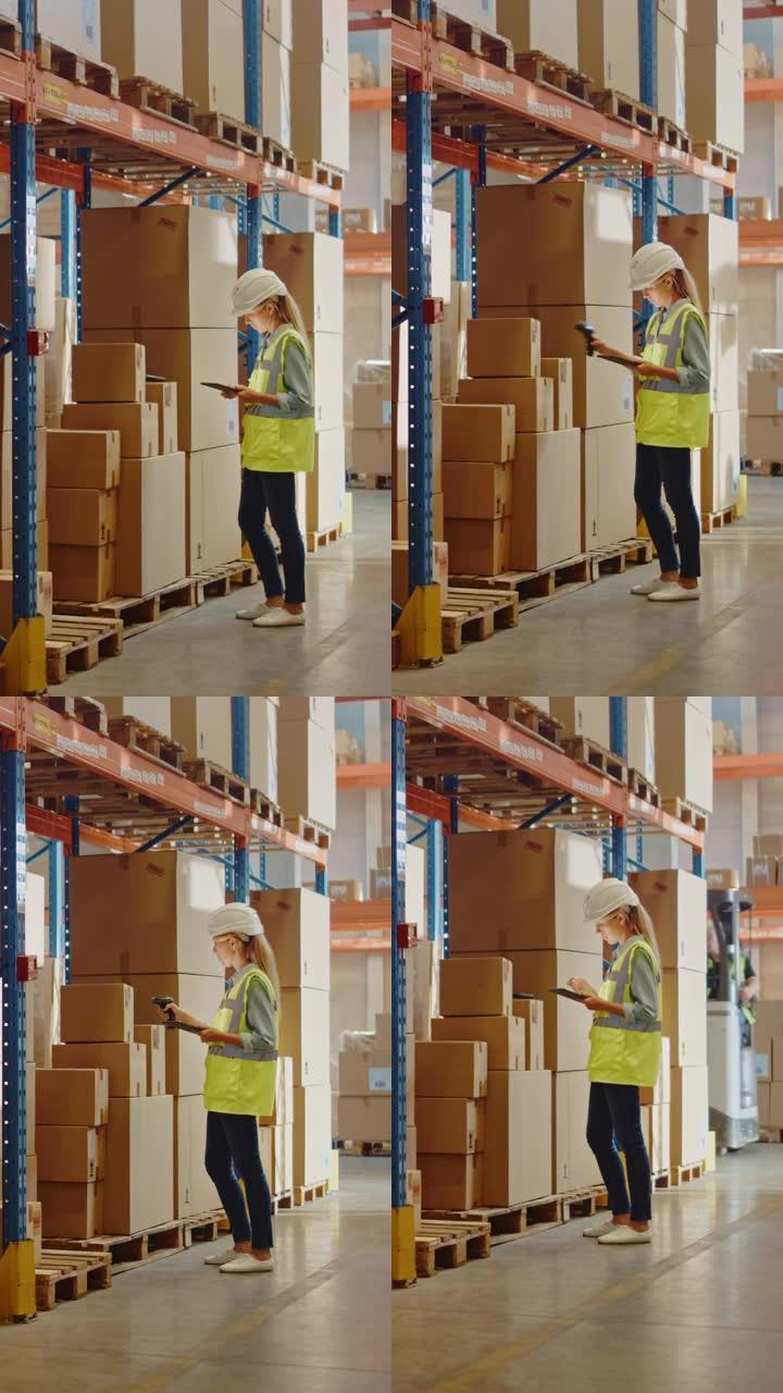 戴着安全帽的专业女工使用数字平板电脑检查库存在装满货架的零售仓库中行走。在物流、配送中心工作。垂直屏